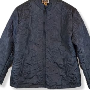 Vintage Chicos Black Quilted Embroidered Theme Puffer Coat Size L Womens WOW